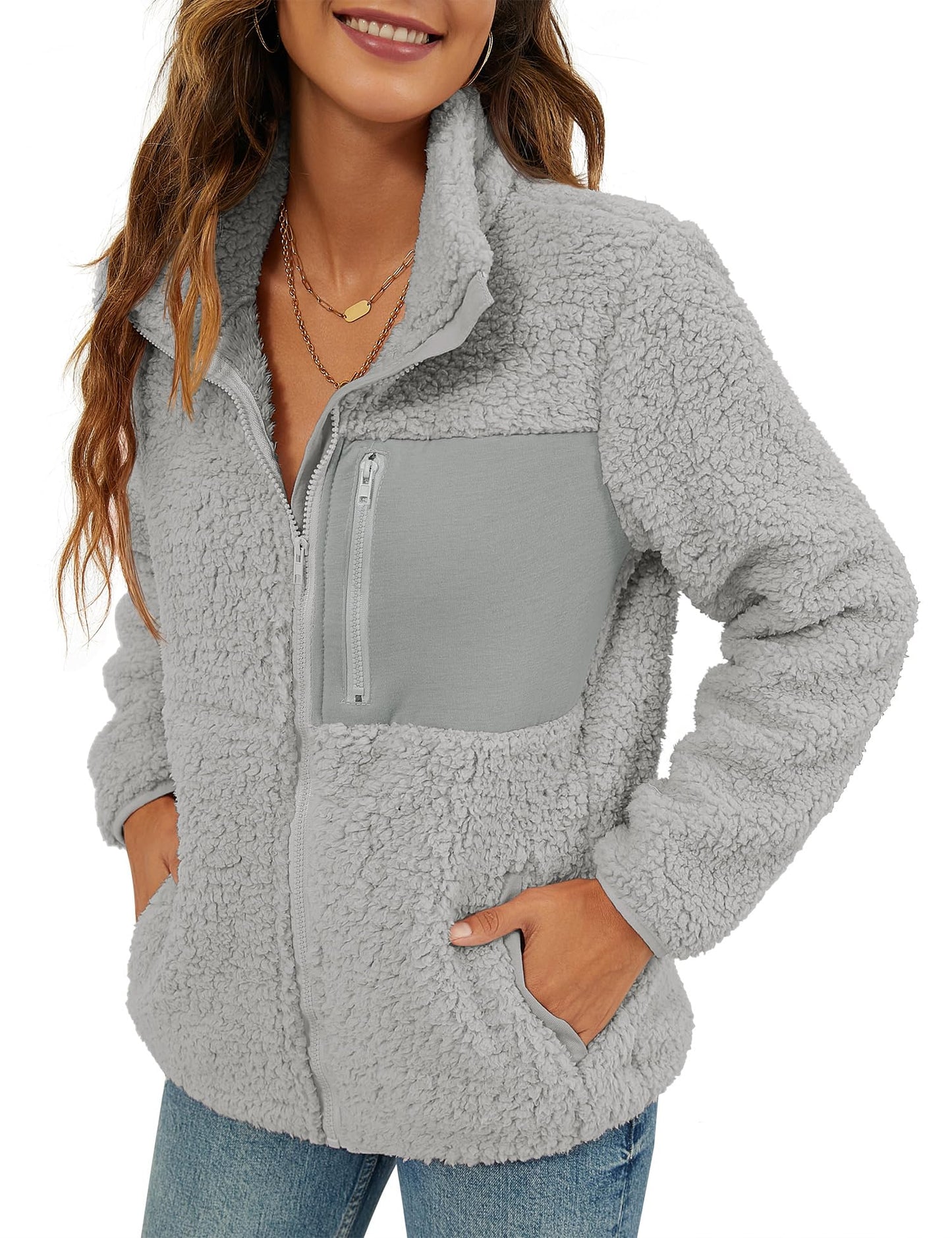 VVK Women's Fashion Faux Shearling Shaggy Full Zip Coats Warm Winter Patchwork Jackets with Pocket