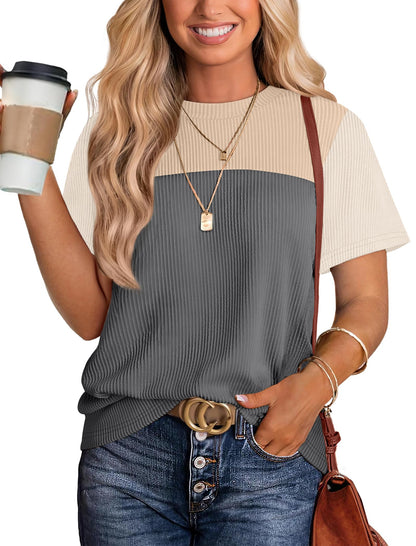 Women's Color Block Knit Shirt Short Sleeve Crewneck Top Beige Gray