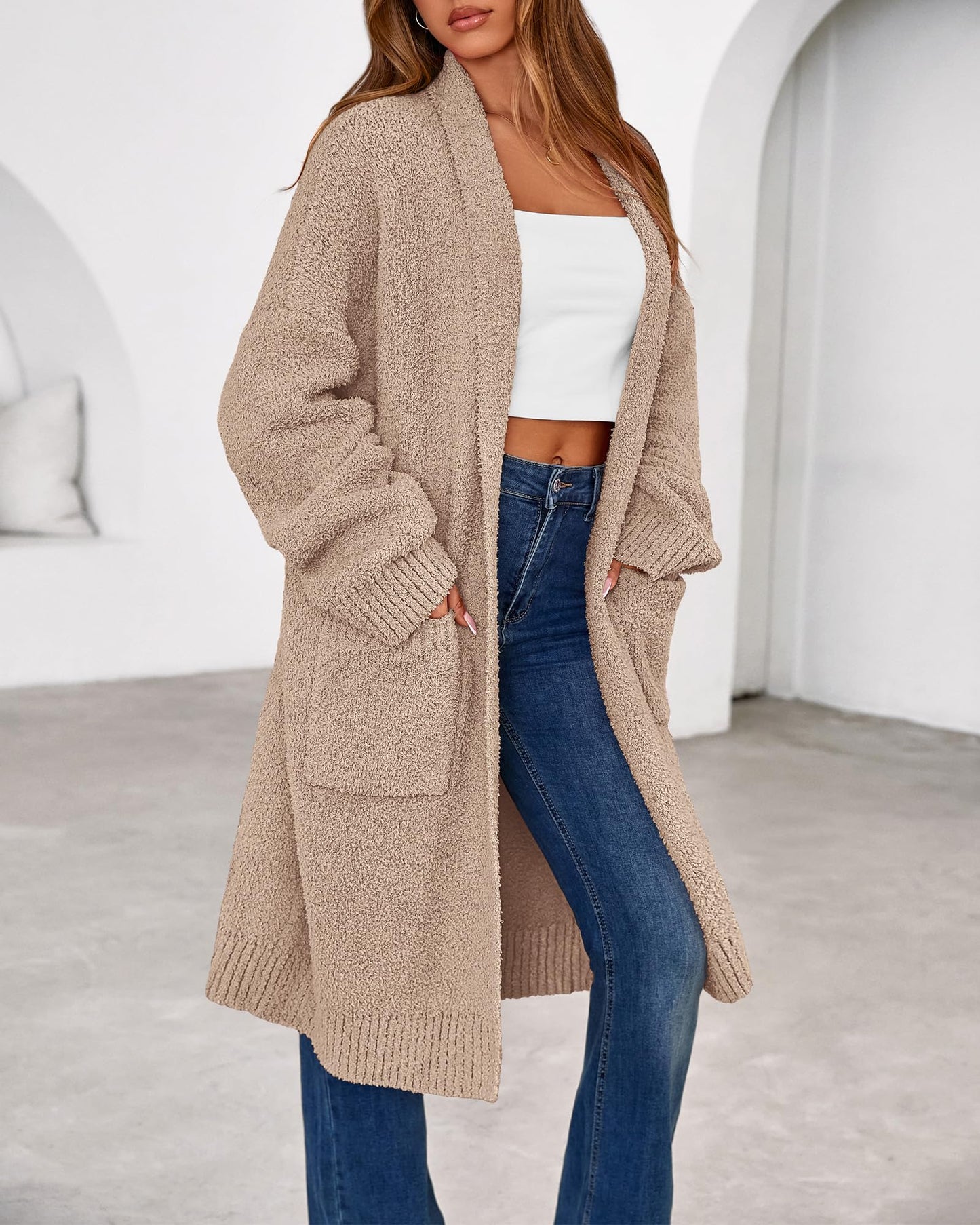 Women's Long Cardigan Sweater - Open Front Oversized Knit Coat with Pockets