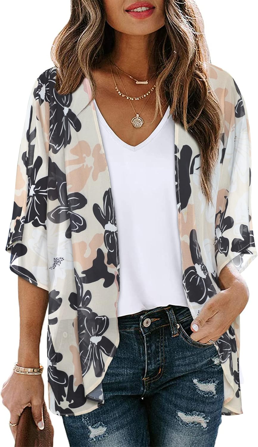 Floral Print Kimono Cardigan Women Puff Sleeve Cover Up Casual Blouse Loose Top Dasiy Khaki