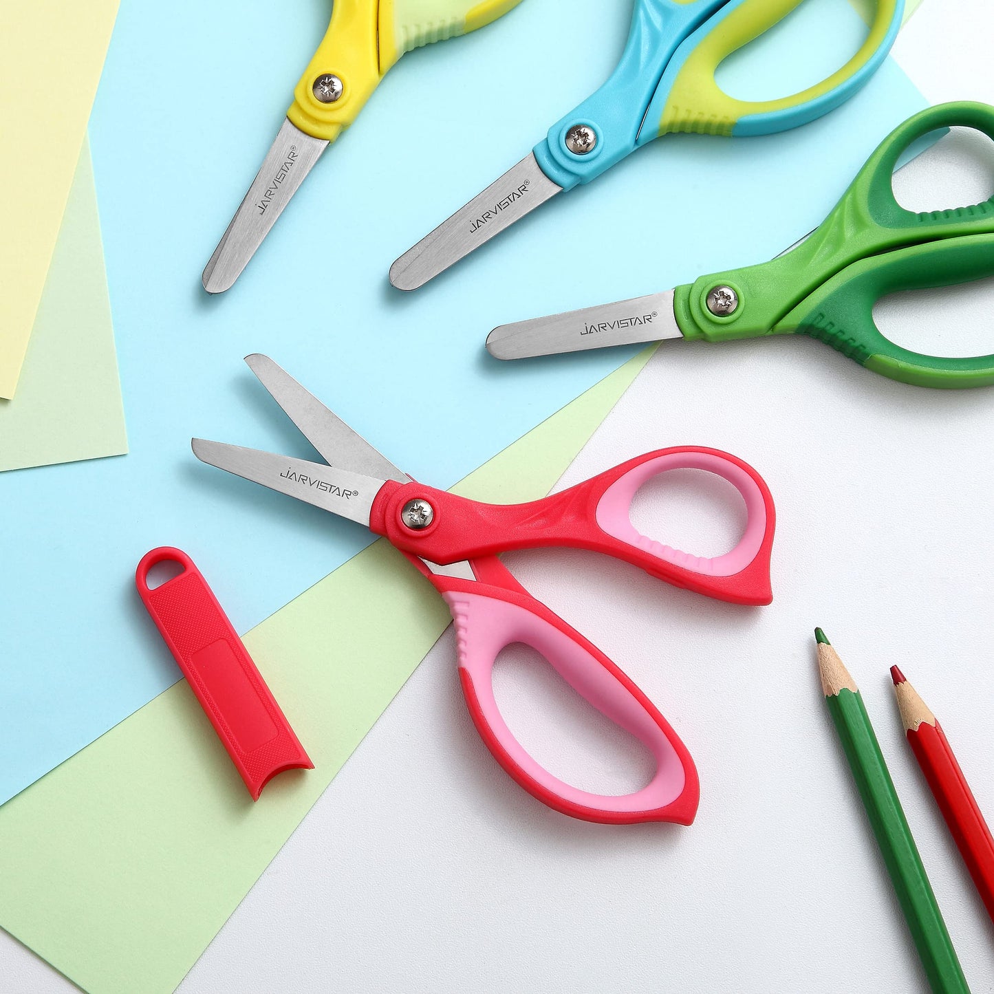 Kids Safety Scissors 4 Pack - 5.5 Inch Blunt Tip School Scissors with Cover for Children Ages 4+