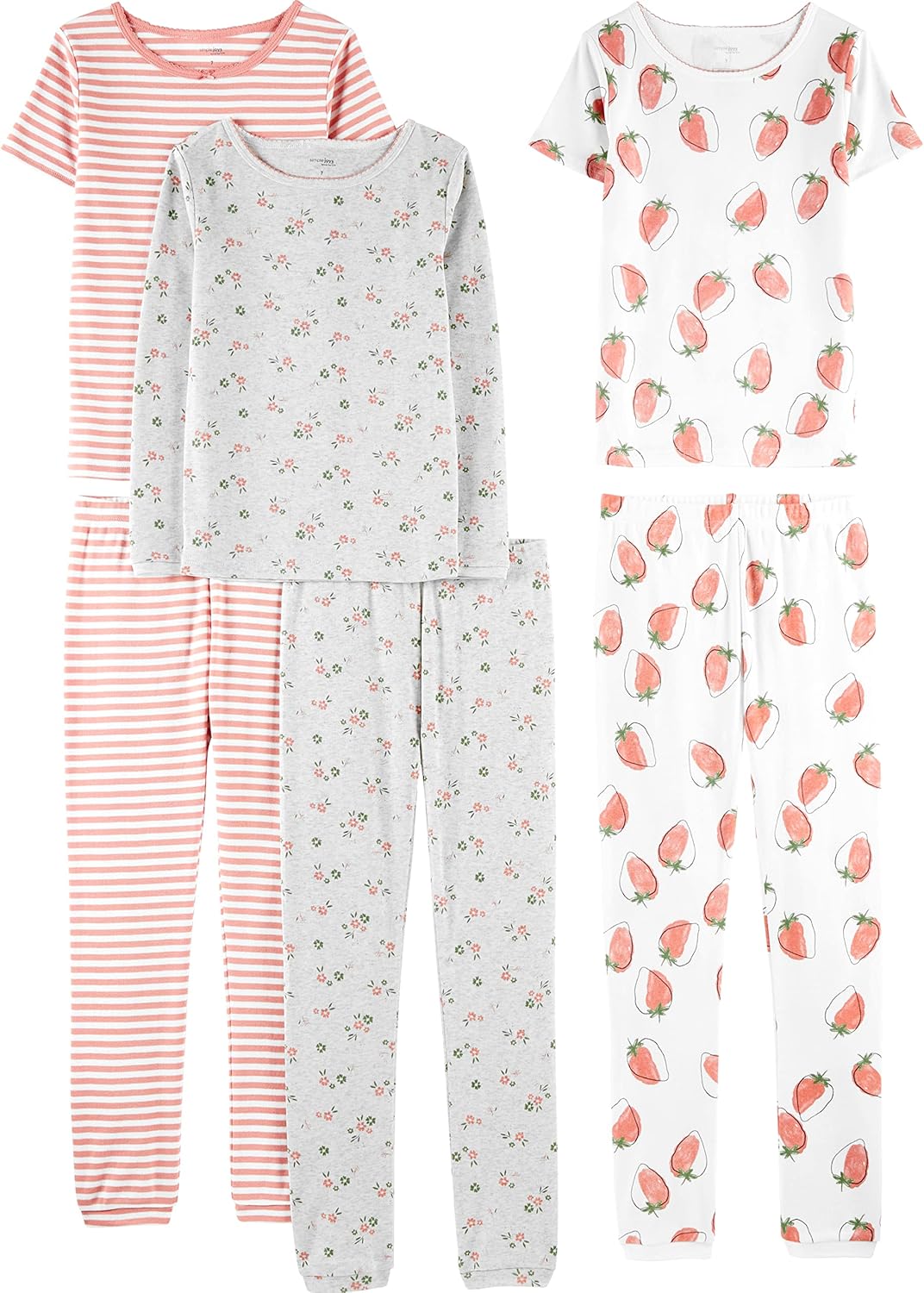 Girls Cotton Pajama Set 6-Piece - Snug Fit PJ Pack for Babies Toddlers Grey Floral Pink Stripe White Strawberry