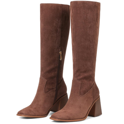 VOMIRA Knee High Boots Women Square Toe Chunky Heels Side Zipper Wide Calf Boots Fall Winter Brown Suede Boots Women