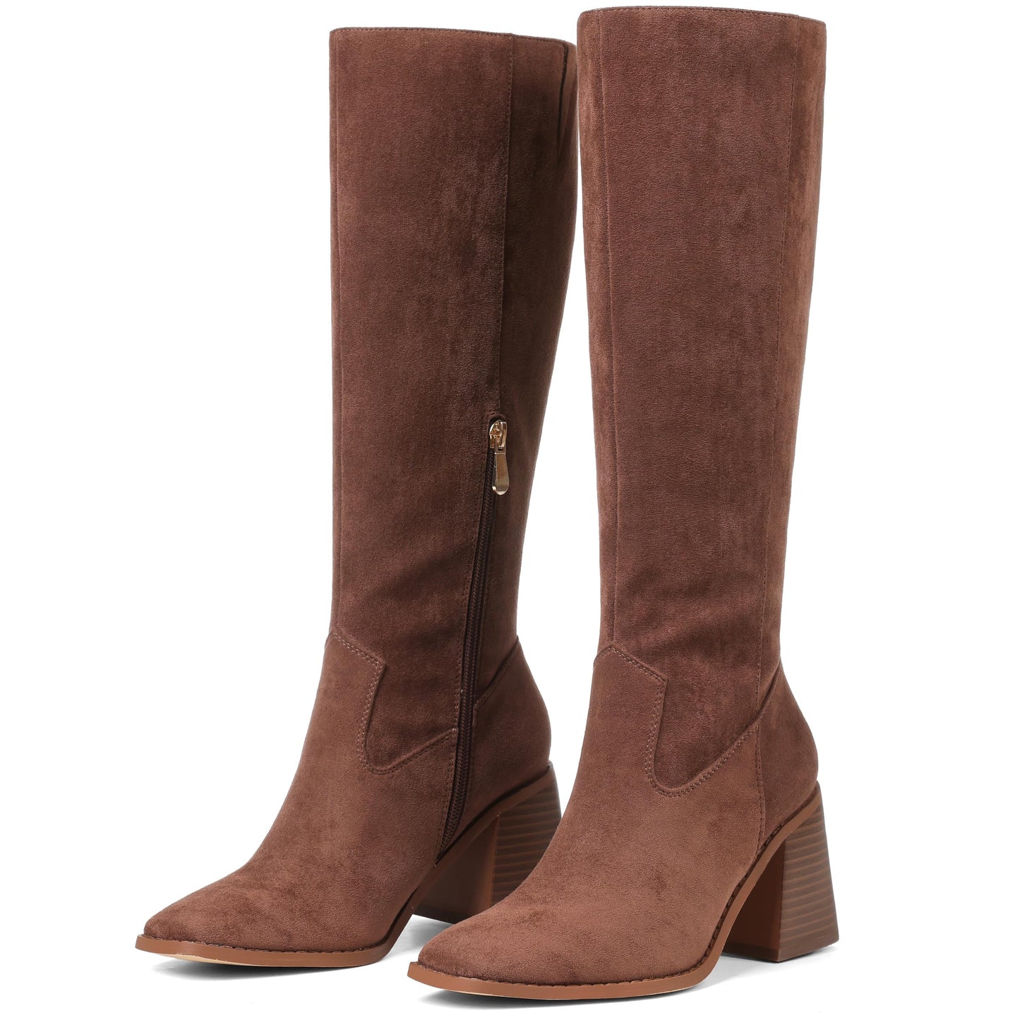 VOMIRA Knee High Boots Women Square Toe Chunky Heels Side Zipper Wide Calf Boots Fall Winter Brown Suede Boots Women