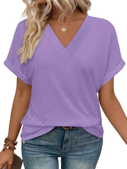 Womens Summer Tops V Neck Short Sleeve Shirts Casual Dolman Sleeve Fashion Blouse