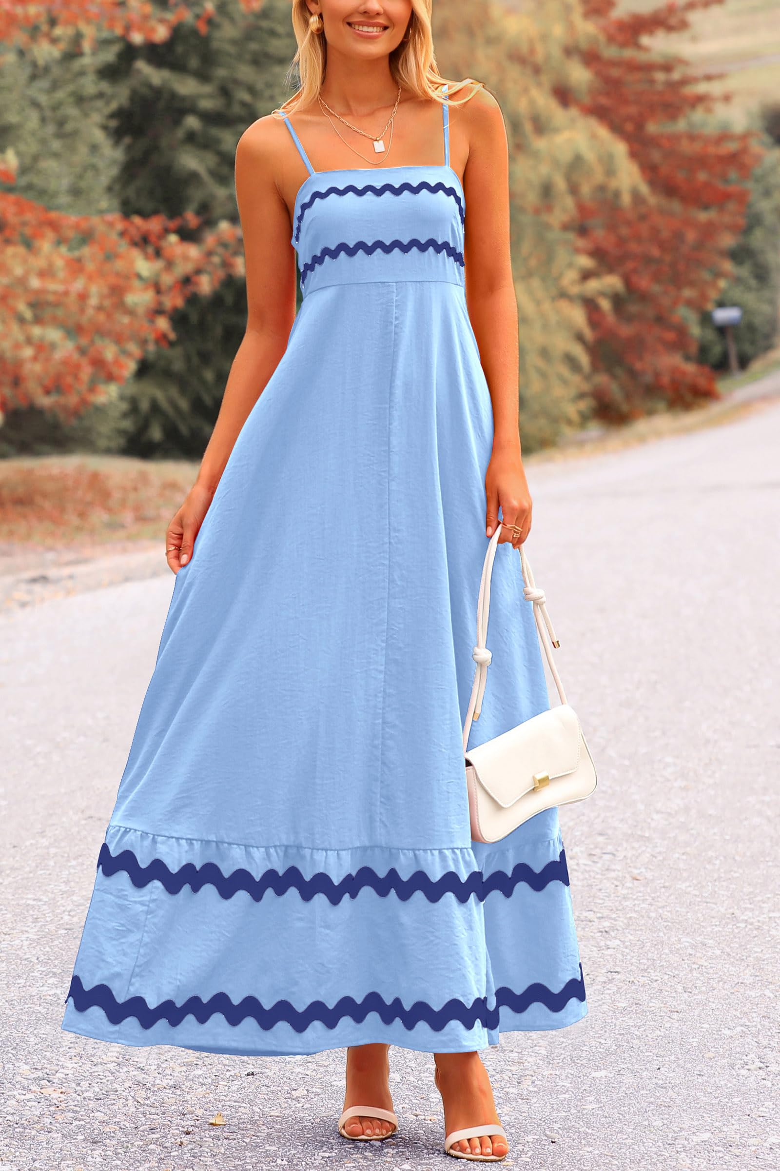Blue Casual Dresses - Women's Sleeveless Spaghetti Strap Maxi Dress - Flowy Beach Ruffle