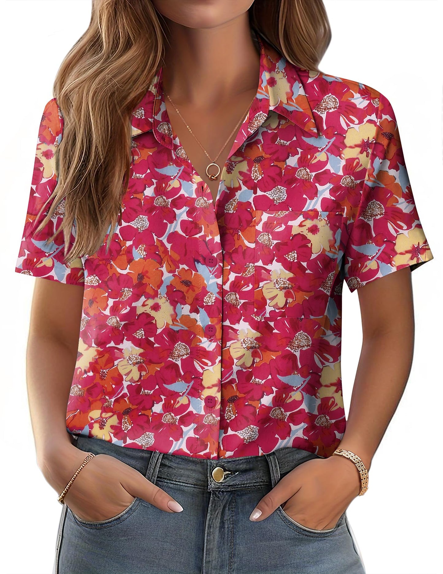 Polyester Blouse - Women's Button Down Shirt Short Sleeve Business Casual Blouse with Chest Pocket Small Wf28