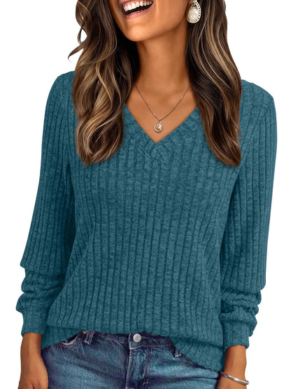 V Neck Long Sleeve Sweater for Women - Loose Fit Tunic Top for Fall & Winter Teal