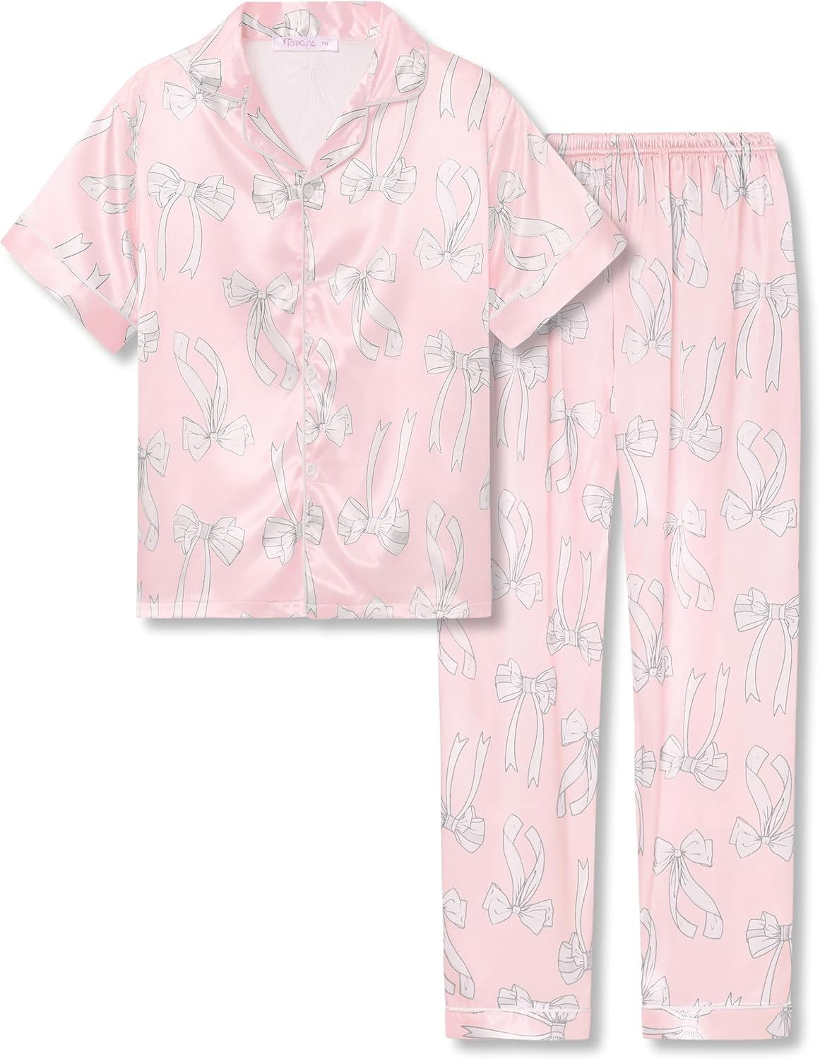 Girls Satin Pajama Set - Silky Button Down PJ with Shorts Size 6-16 Pink & White Bows (Short Sleeve & Pants)