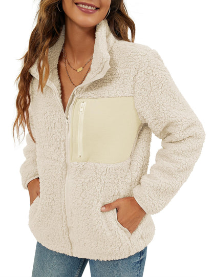 VVK Women's Fashion Faux Shearling Shaggy Full Zip Coats Warm Winter Patchwork Jackets with Pocket
