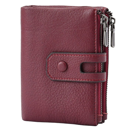 Women Leather Wallet - Small RFID Blocking Card Holder with Double Zipper Small Wine Red