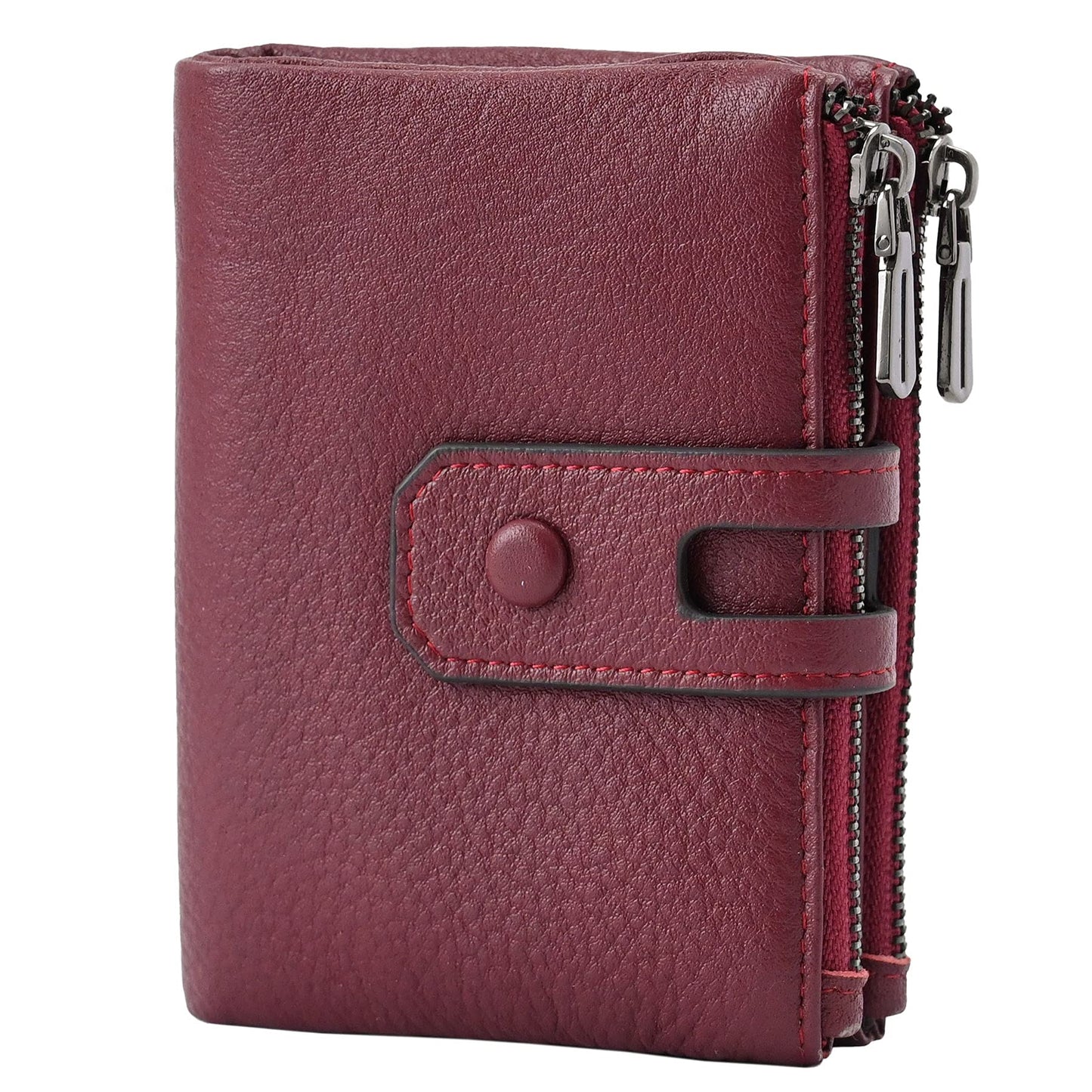 Women Leather Wallet - Small RFID Blocking Card Holder with Double Zipper Small Wine Red