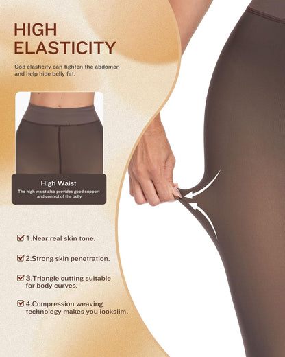 CHRLEISURE Women's Fleece Lined Tights - Fake Sheer Warm Pantyhose Thick Winter Leggings