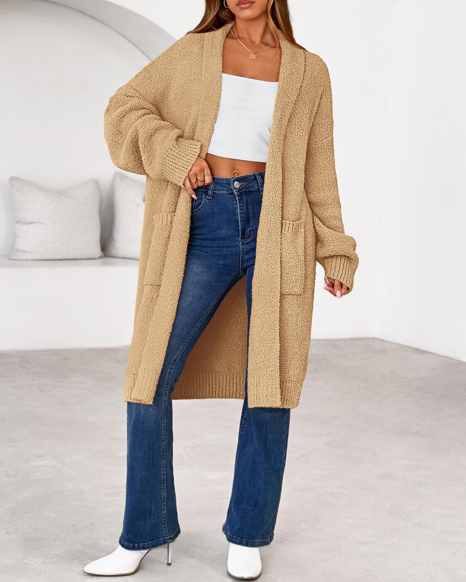 Women's Long Cardigan Sweater - Open Front Oversized Knit Coat with Pockets