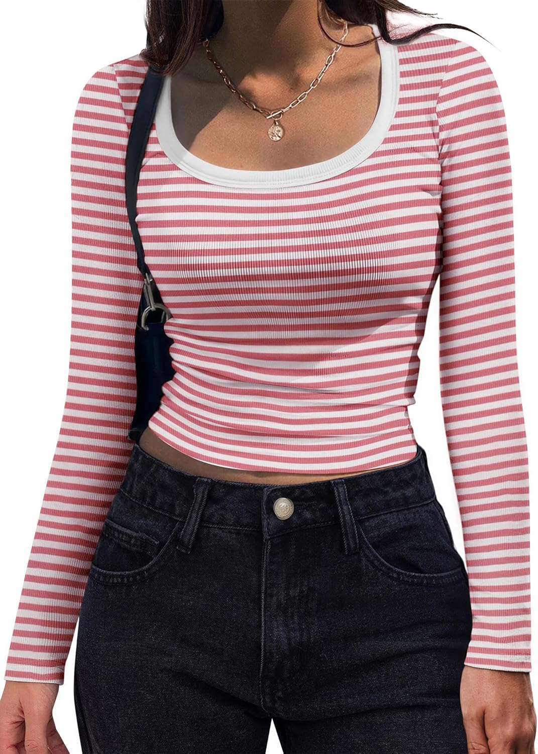 Women's Long Sleeve Scoop Neck Shirt Slim Fit Rib Knit Top Large Rosy Pink Stripe