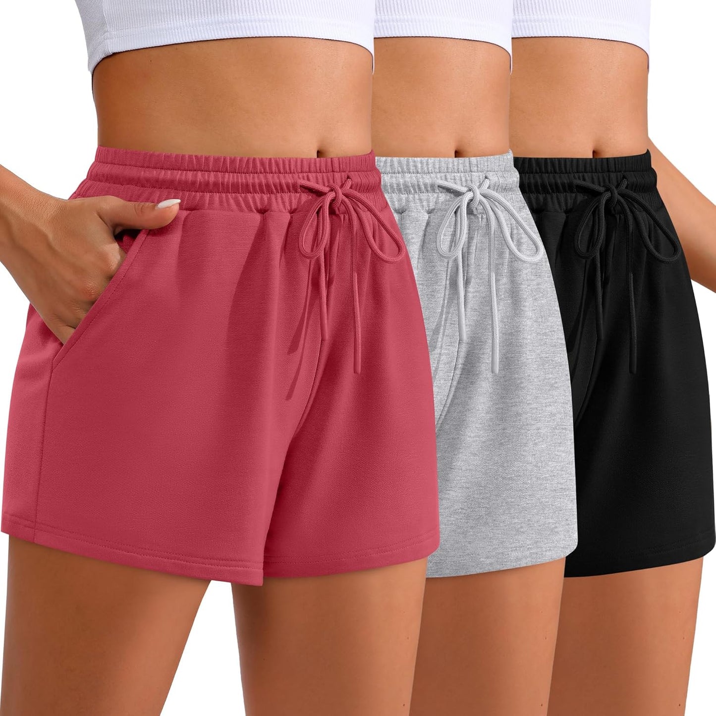 Women Sweat Shorts 3-Pack - High Waist Athletic Lounge Shorts with Pockets