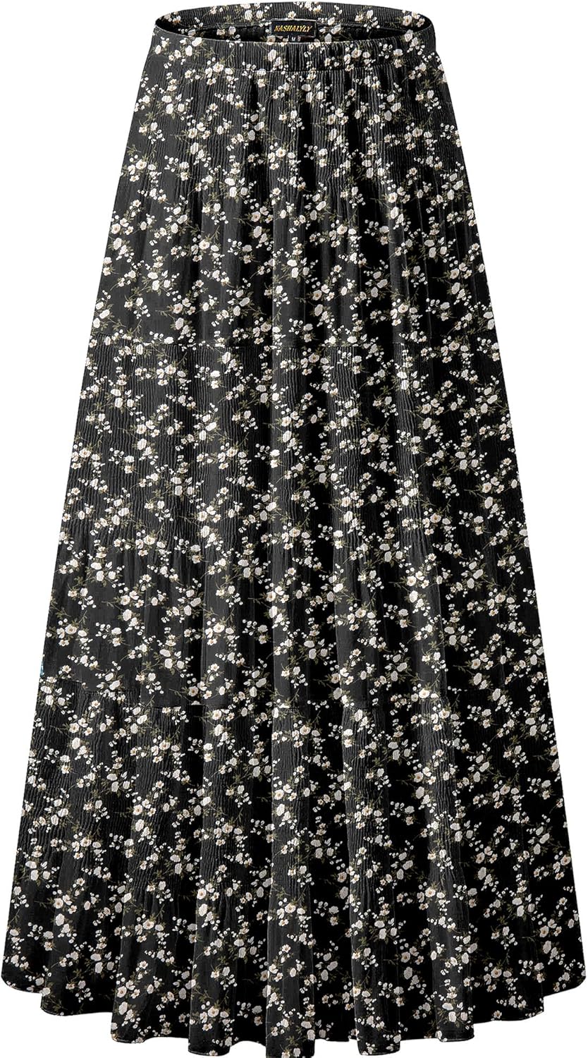 Chiffon Maxi Skirt for Women - High Waist Pleated A-Line Flared Long Skirt Black White Flower