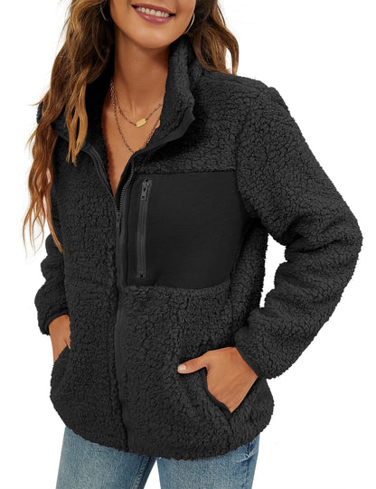 VVK Women's Fashion Faux Shearling Shaggy Full Zip Coats Warm Winter Patchwork Jackets with Pocket