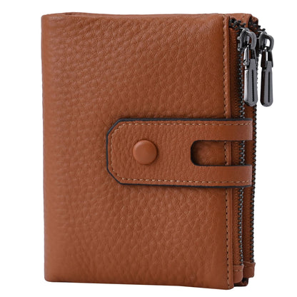 Women Leather Wallet - Small RFID Blocking Card Holder with Double Zipper Small Brown