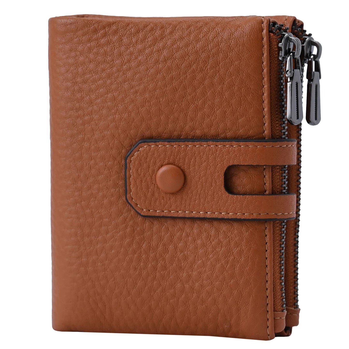 Women Leather Wallet - Small RFID Blocking Card Holder with Double Zipper Small Brown
