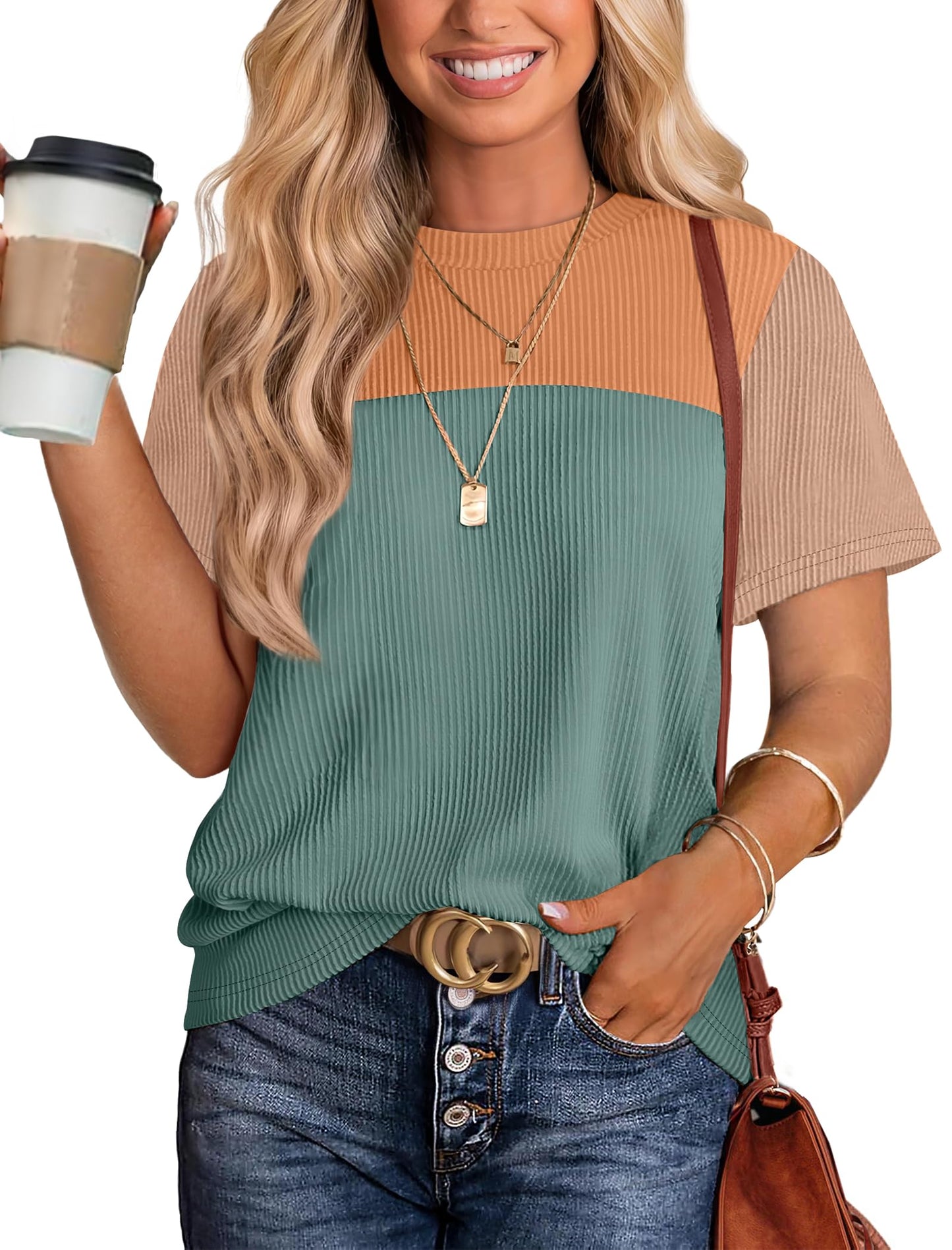 Women's Color Block Knit Shirt Short Sleeve Crewneck Top Green Orange