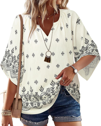 Big & Tall Clothing - Women's 3/4 Sleeve V-Neck Bohemian Peasant Blouse Loose Fit Tunic Top Multi White