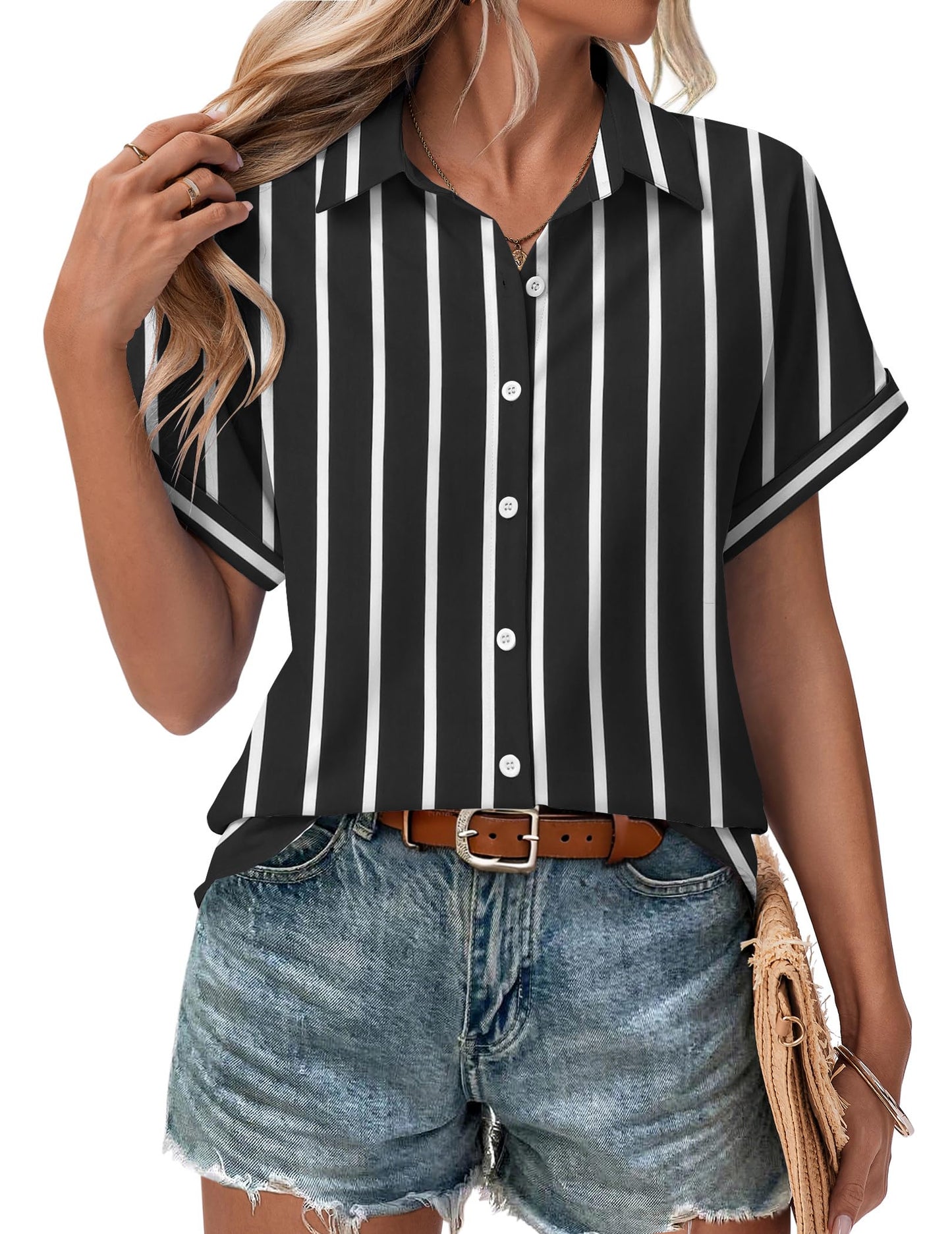 Women's Short Sleeve Button Down Shirt - Summer V-Neck Blouse for Work and Casual Tw635