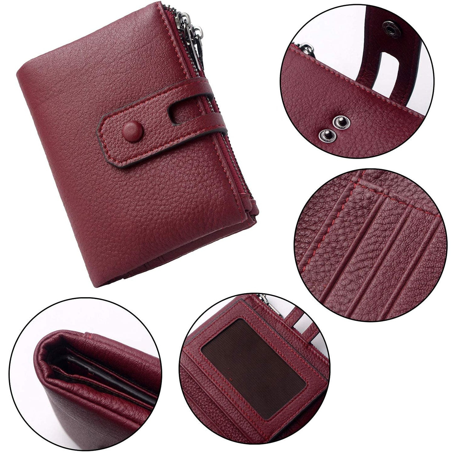 Women Leather Wallet - Small RFID Blocking Card Holder with Double Zipper
