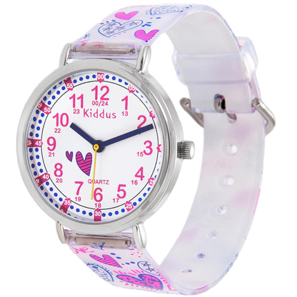 Kids Time Teacher Watch - Educational Analog Watch with Japanese Quartz Movement Ages 5-12 B. Color Handles Hearts