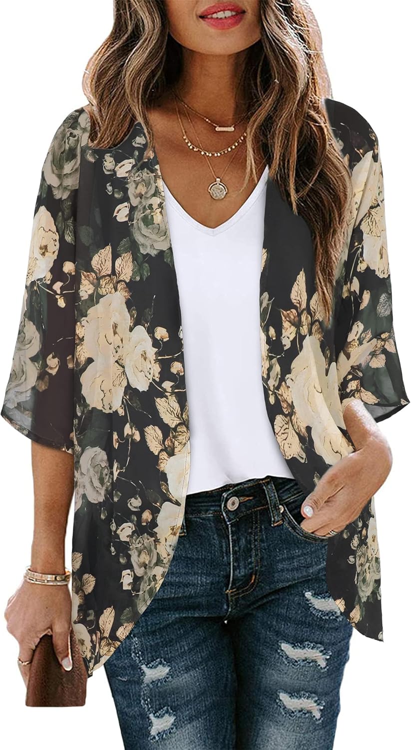 Floral Print Kimono Cardigan Women Puff Sleeve Cover Up Casual Blouse Loose Top