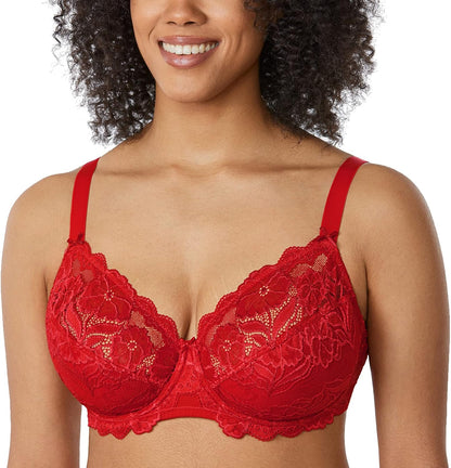 Plus Size Full Coverage Bra - Lace Underwire Unlined Bra Up to J Cup Lipstick Red