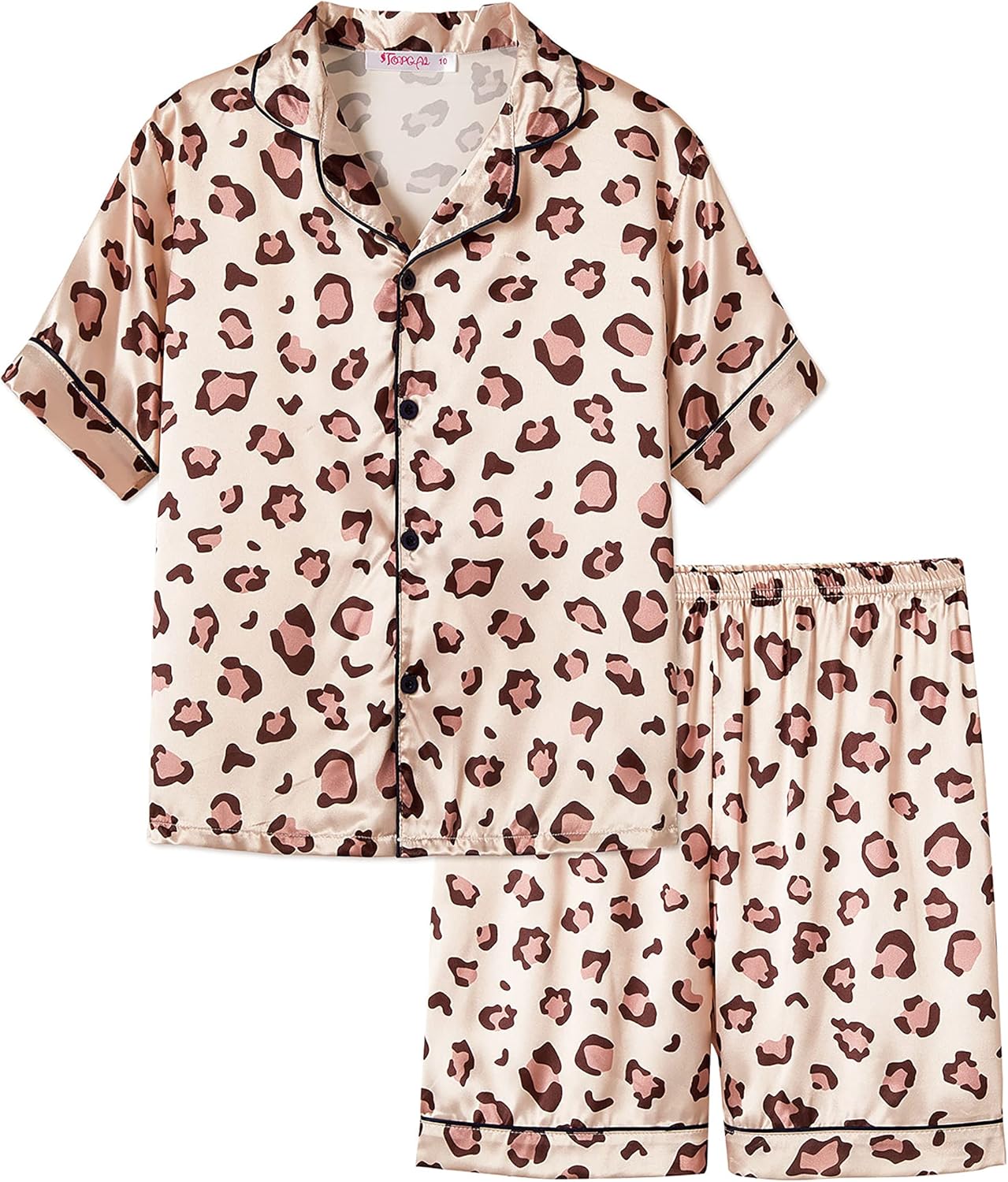 Girls Satin Pajama Set - Silky Button Down PJ with Shorts Size 6-16 Brown Leopard(short Sleeve & Shorts)