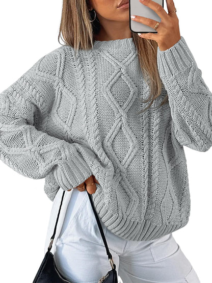Women's Oversized Cable Knit Crewneck Sweaters - Cozy Fall Pullover
