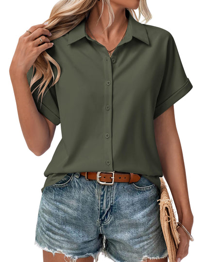 Women's Short Sleeve Button Down Shirt - Summer V-Neck Blouse for Work and Casual Small Army Green