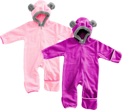 Fleece Baby Bunting with Hood - Convertible Mittens & Booties for Newborn & Infant Bear - Pink & Purple (2 Pack)