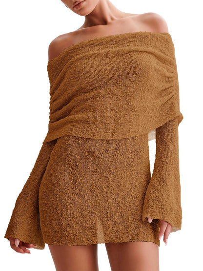 Women's Off Shoulder Beach Cover Up - Sheer Bell Sleeve Mini Dress for Swimwear Brown