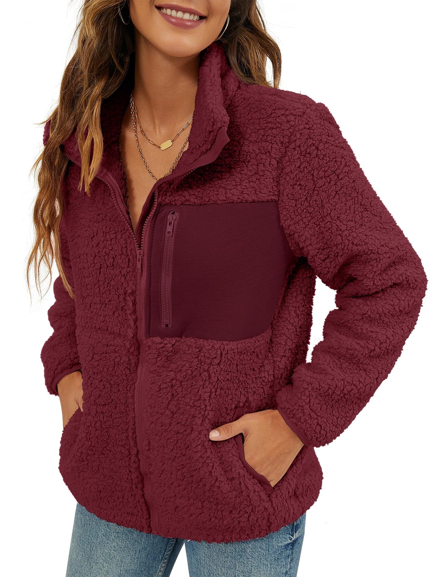 VVK Women's Fashion Faux Shearling Shaggy Full Zip Coats Warm Winter Patchwork Jackets with Pocket