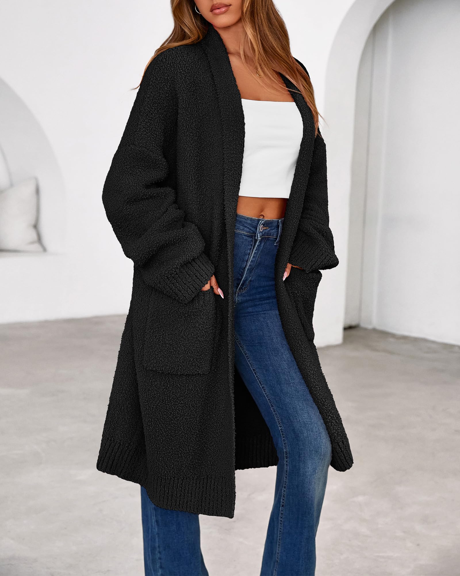 Women's Long Cardigan Sweater - Open Front Oversized Knit Coat with Pockets
