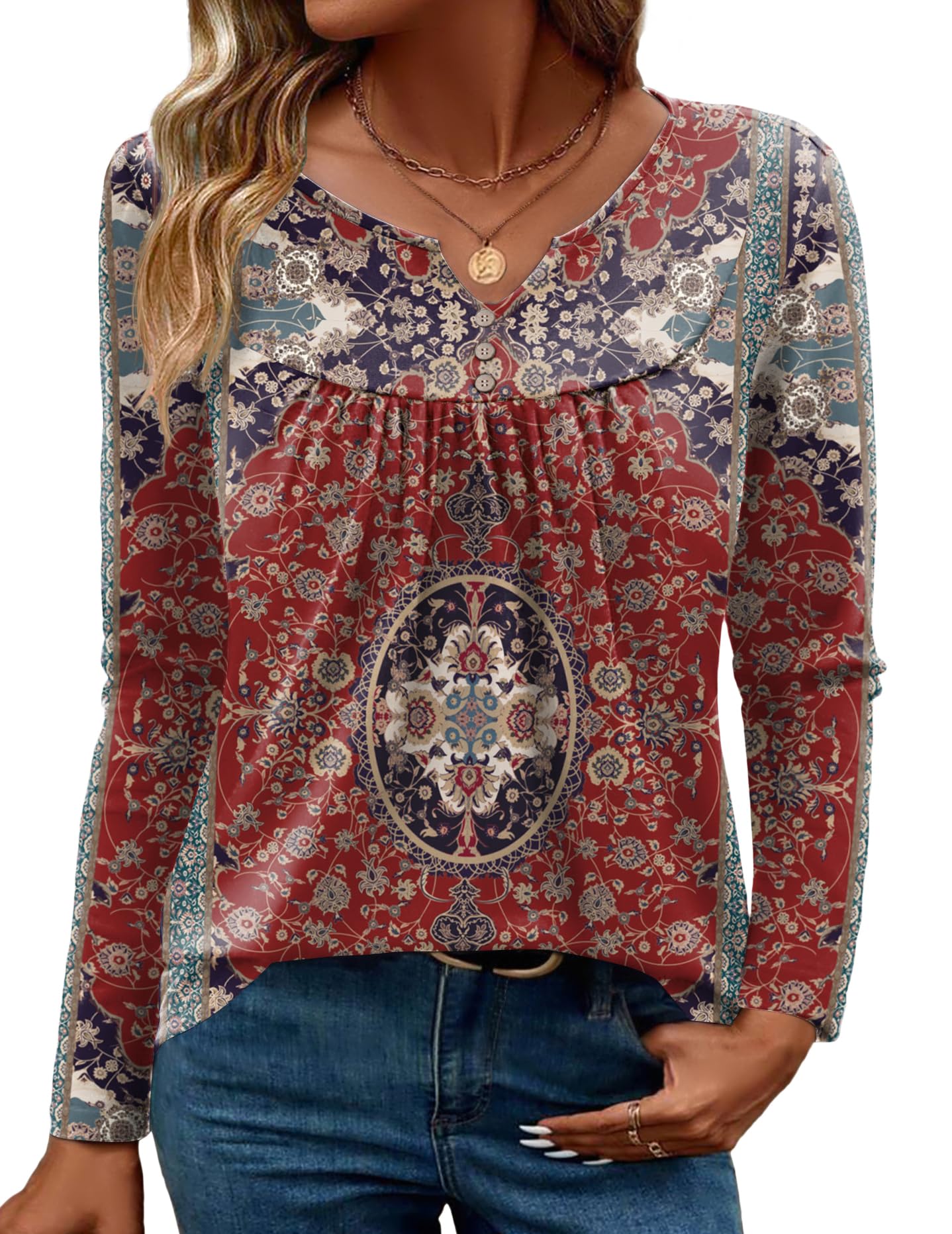 Women Long Sleeve V Neck Blouse - Casual Dressy Work Tunic Top with Pleated Detail 2025