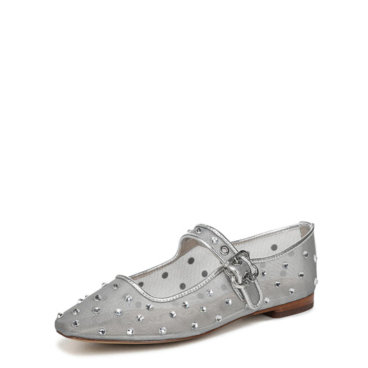 Sam Edelman Women's Michaela Mary Jane Flat, Soft Silver Glitz Mesh, 6.5