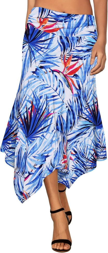 Women's Flowy Handkerchief Hemline Midi Skirt - Elastic Waist Asymmetrical Hem Blue Tropical