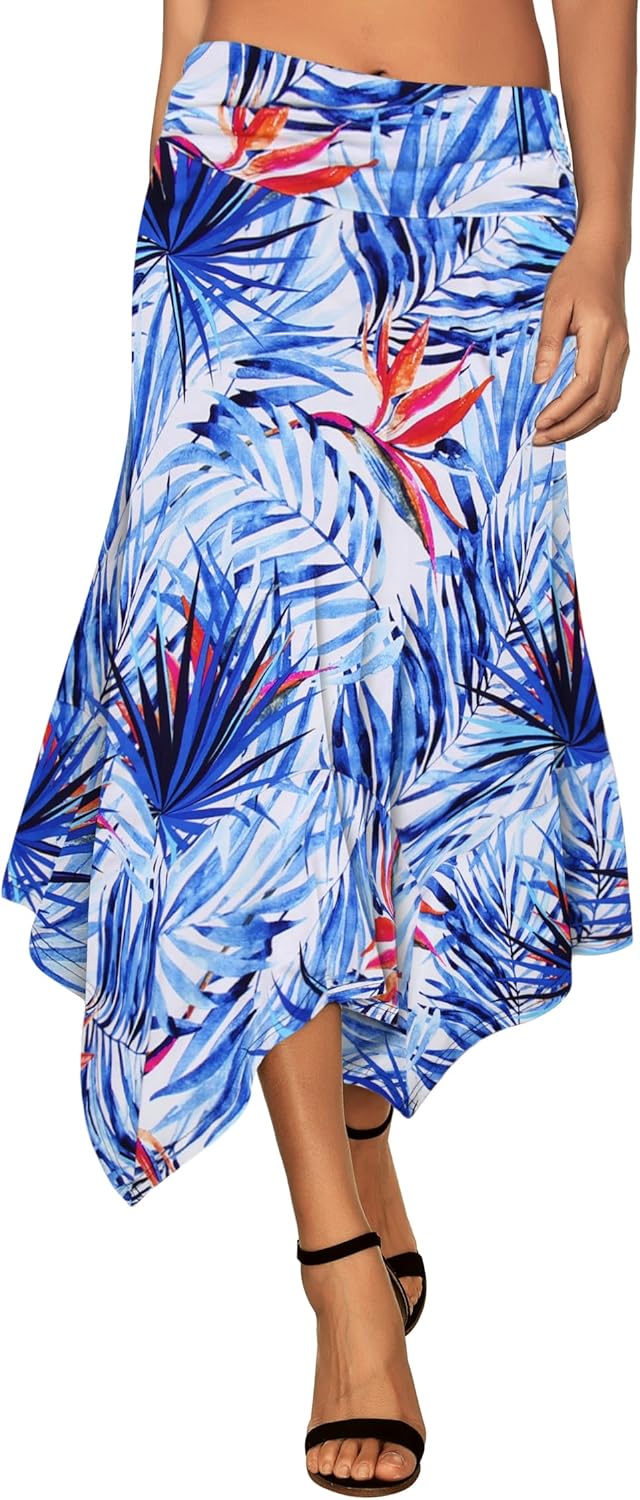 Women's Flowy Handkerchief Hemline Midi Skirt - Elastic Waist Asymmetrical Hem Blue Tropical