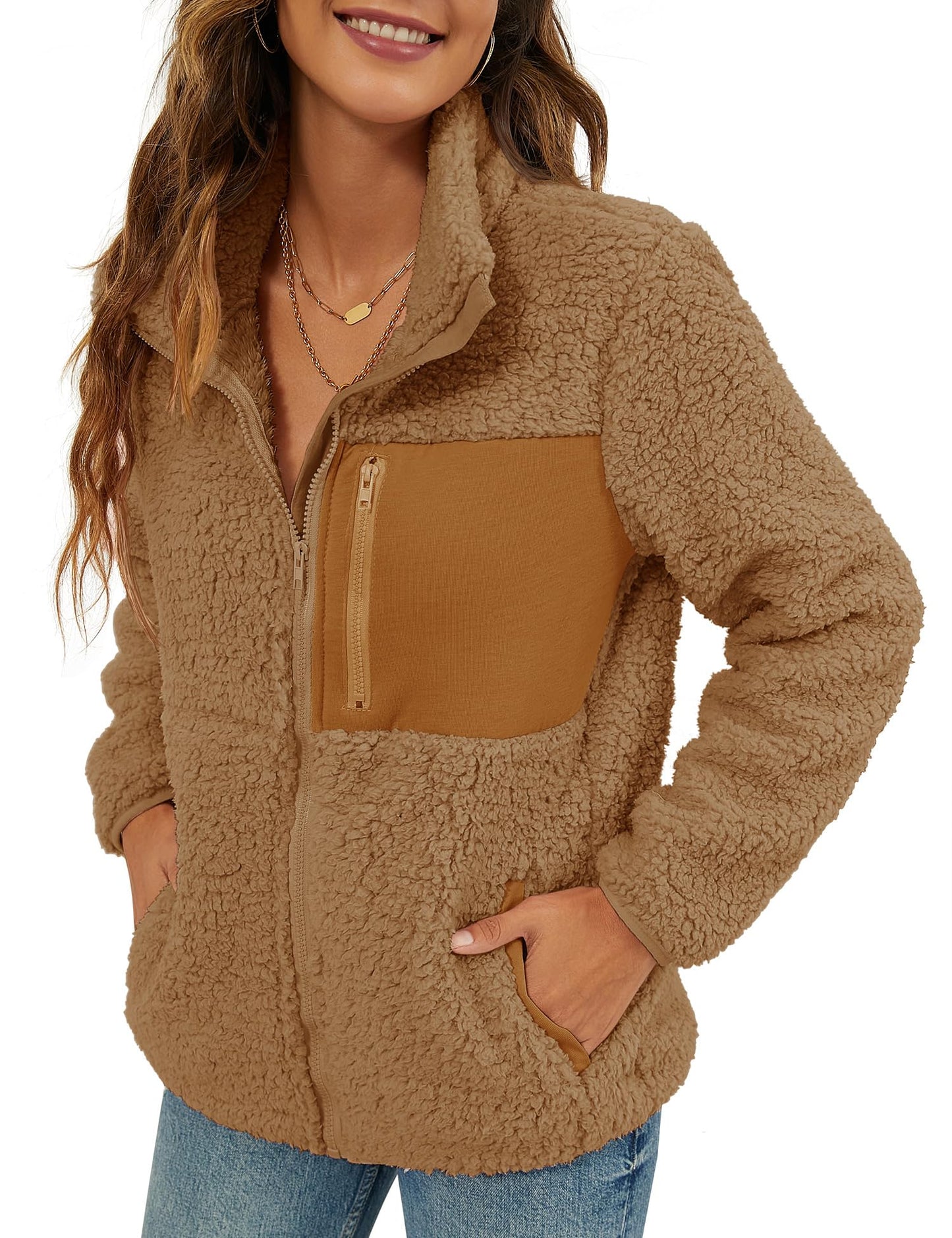 VVK Women's Fashion Faux Shearling Shaggy Full Zip Coats Warm Winter Patchwork Jackets with Pocket