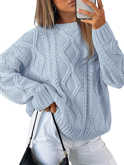 Women's Oversized Cable Knit Crewneck Sweaters - Cozy Fall Pullover