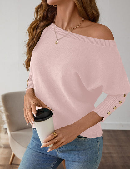 Women's Off The Shoulder Sweater - Oversized Knit Batwing Sleeve Pullover