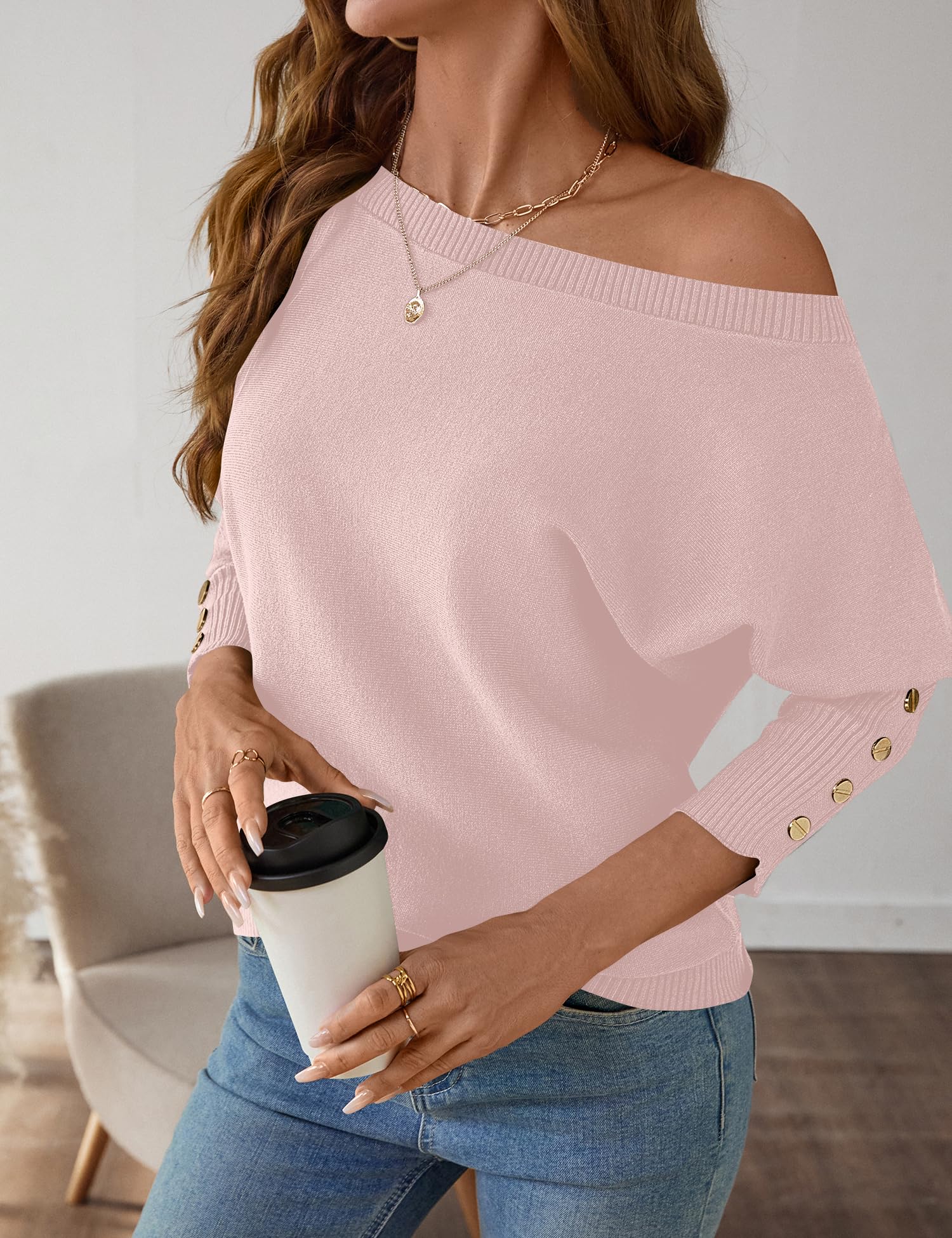 Women's Off The Shoulder Sweater - Oversized Knit Batwing Sleeve Pullover