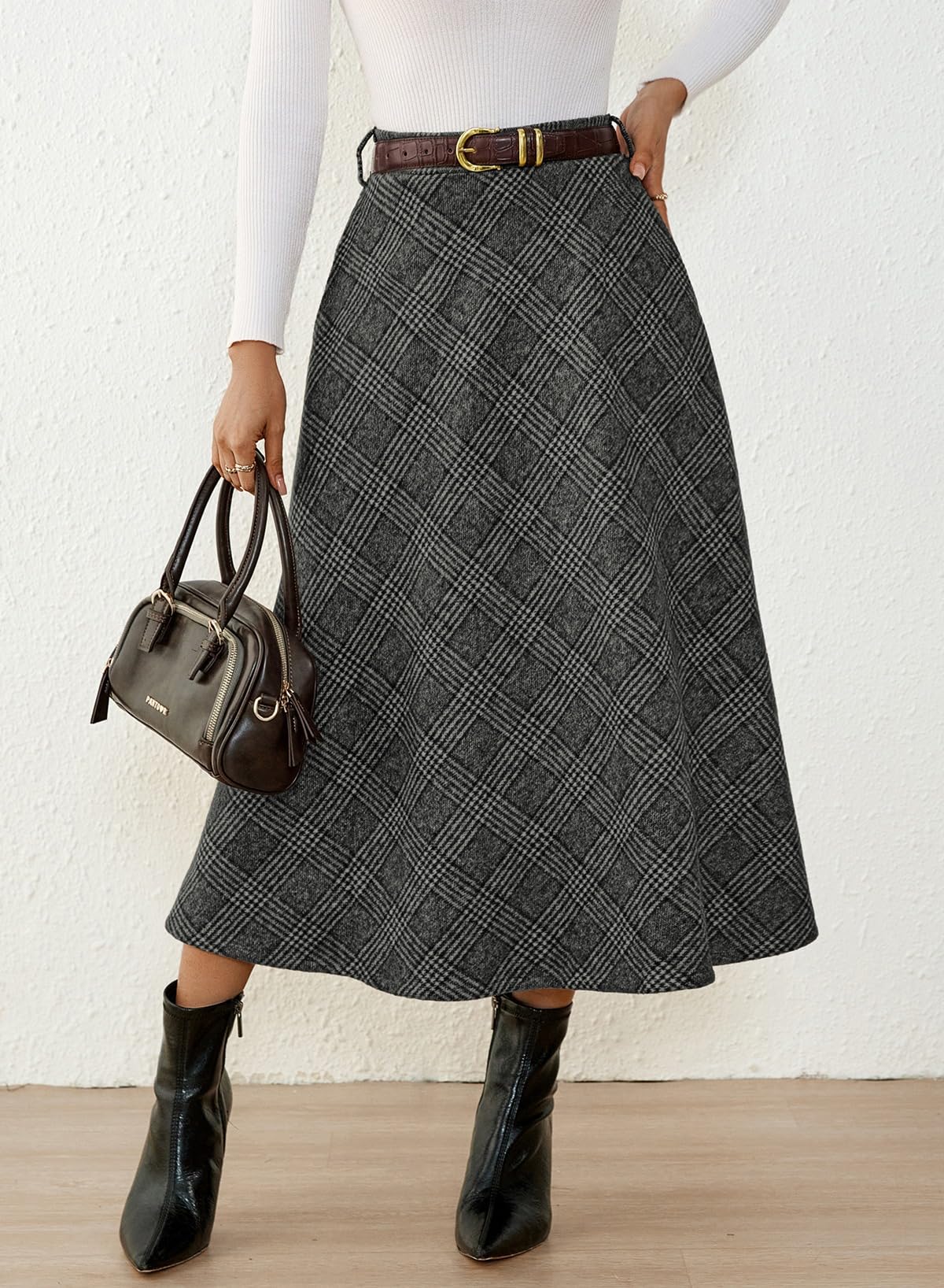 Women's Plaid Skirts - High Waist A-Line Midi Tartan Skirt with Pockets