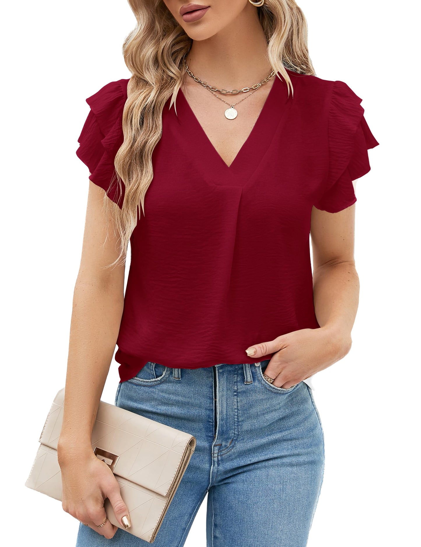 Polyester Blouses - Women's V-Neck Blouse Short Sleeve Business Casual Work Shirt Summer Top Wine Red