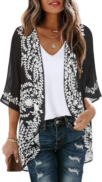Floral Print Kimono Cardigan Women Puff Sleeve Cover Up Casual Blouse Loose Top