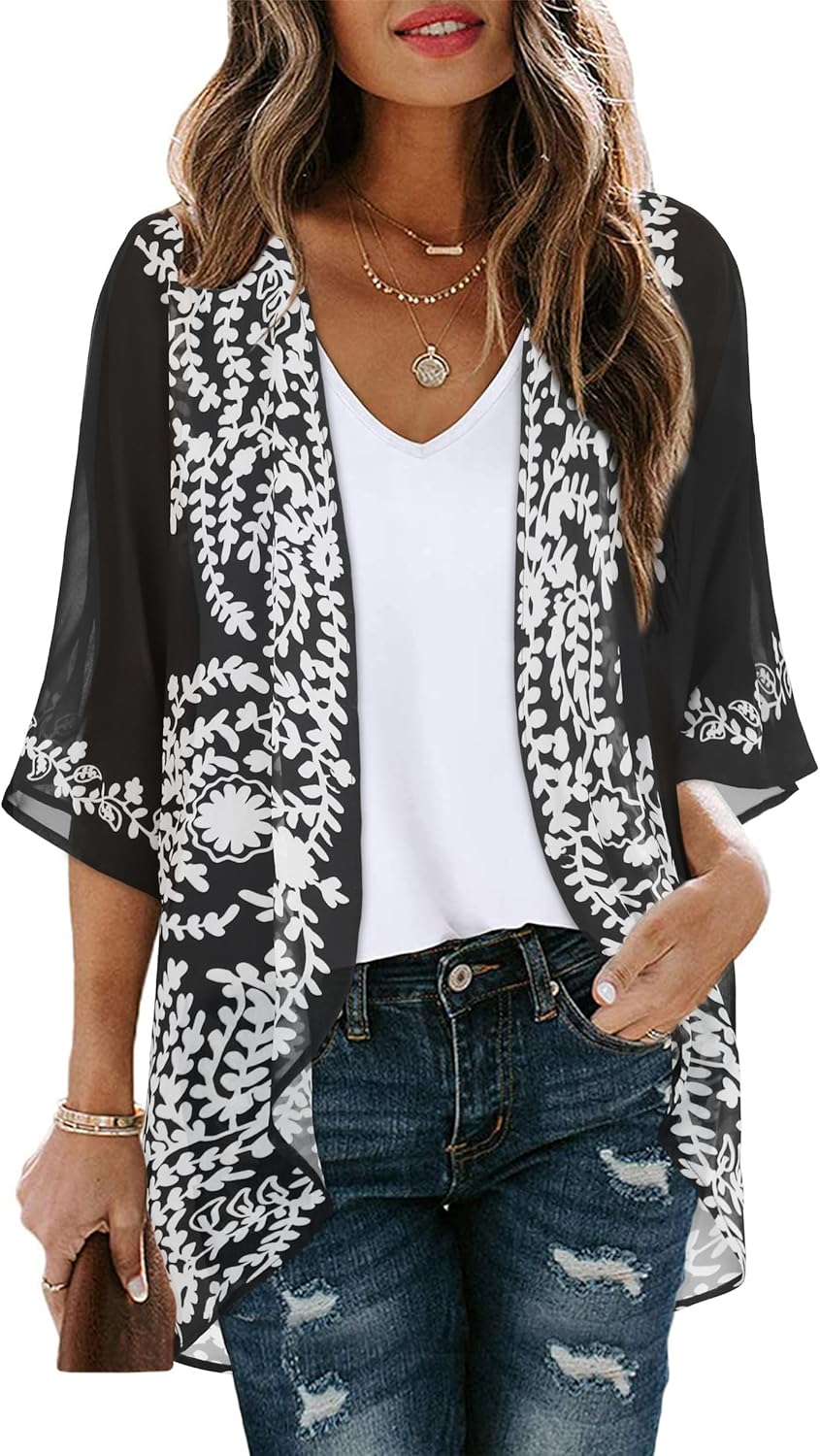 Floral Print Kimono Cardigan Women Puff Sleeve Cover Up Casual Blouse Loose Top